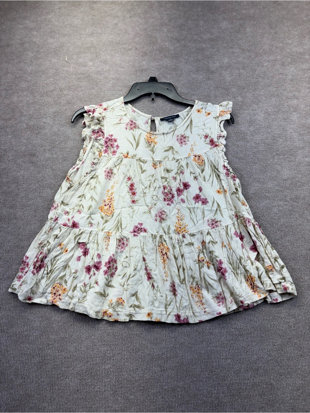 Floral Ruffle Tiered Sleeveless Top - Cream with Pink & Yellow Flowers